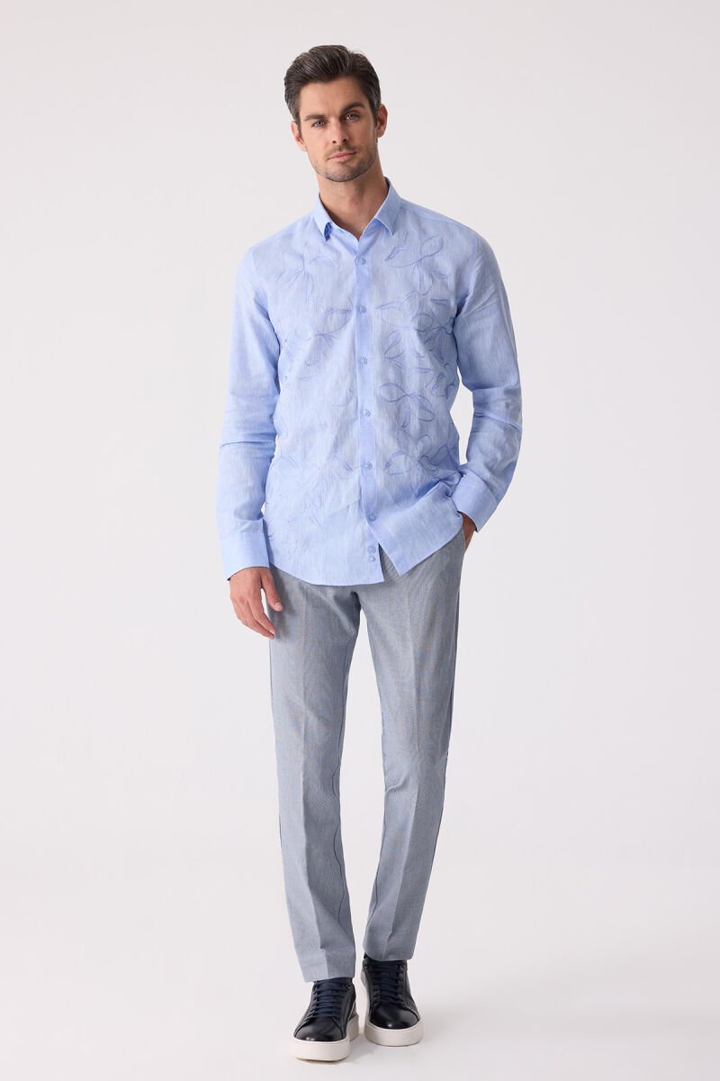 Erkek Mavi Slim Fit Gizli Yaka Düğmeli Keten Gömlek - 1