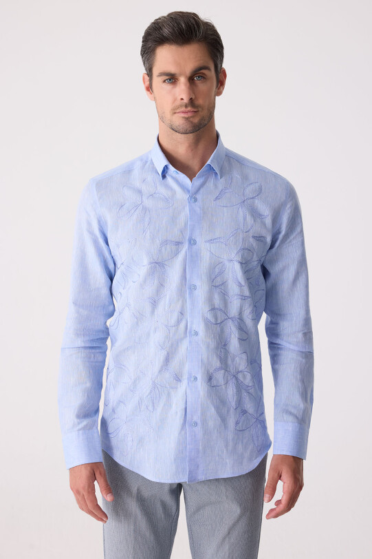 Erkek Mavi Slim Fit Gizli Yaka Düğmeli Keten Gömlek