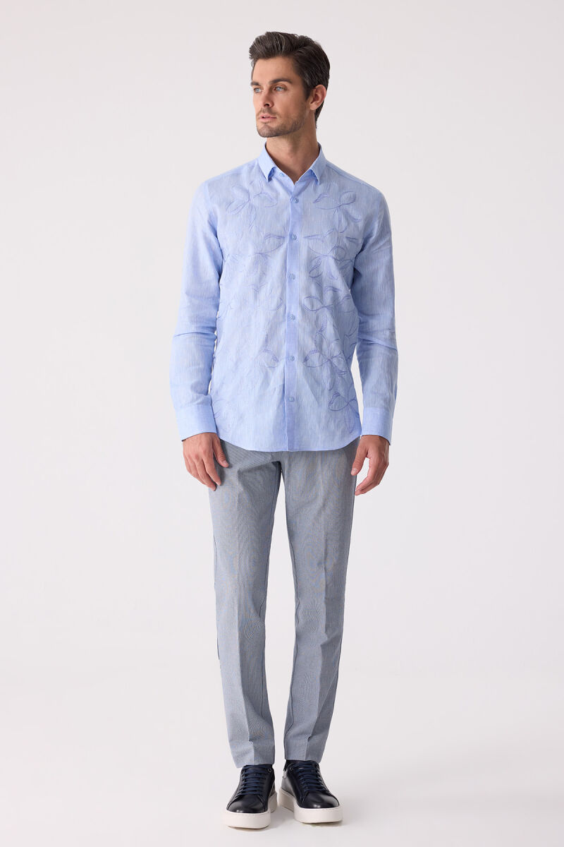 Erkek Mavi Slim Fit Gizli Yaka Düğmeli Keten Gömlek - 3