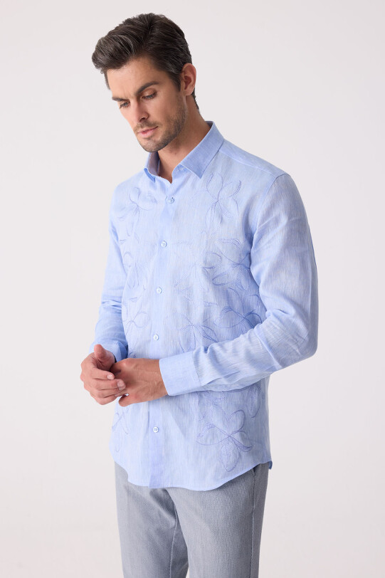 Erkek Mavi Slim Fit Gizli Yaka Düğmeli Keten Gömlek