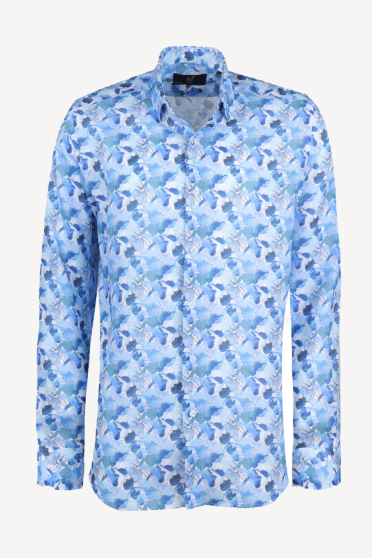 Erkek Mavi Slim Fit Keten Desenli Gömlek