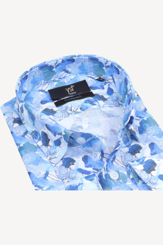 Erkek Mavi Slim Fit Keten Desenli Gömlek