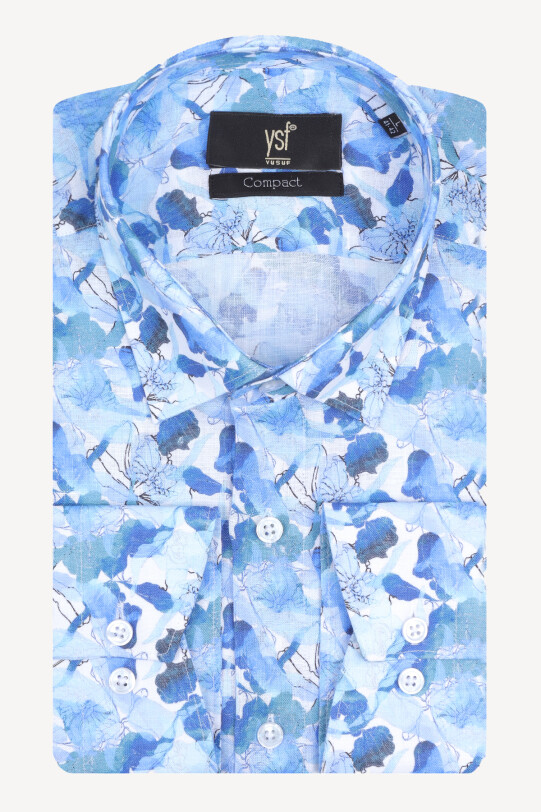 Erkek Mavi Slim Fit Keten Desenli Gömlek