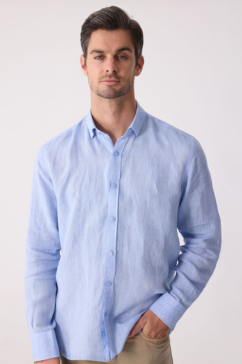 Erkek Mavi Slim Fit Klasik Yaka Keten Gömlek - 1