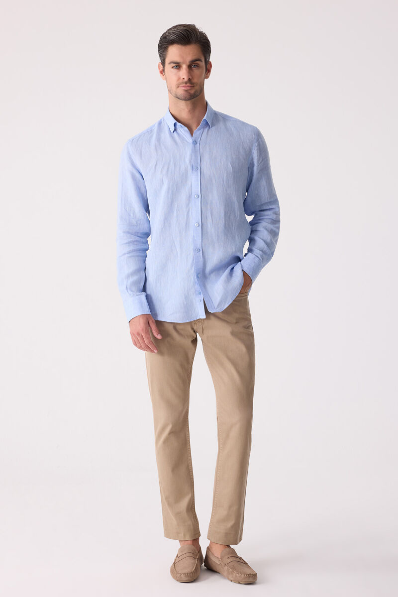 Erkek Mavi Slim Fit Klasik Yaka Keten Gömlek - 2
