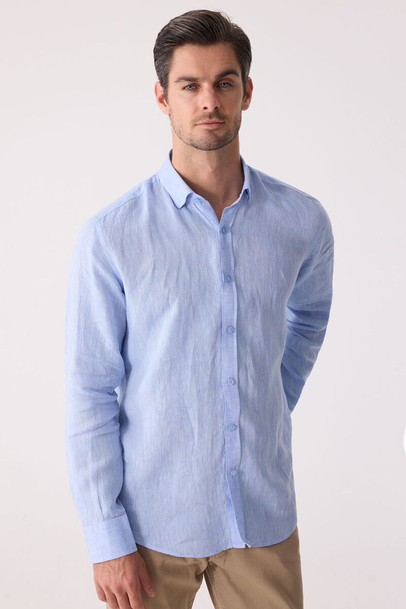 Erkek Mavi Slim Fit Klasik Yaka Keten Gömlek - 3