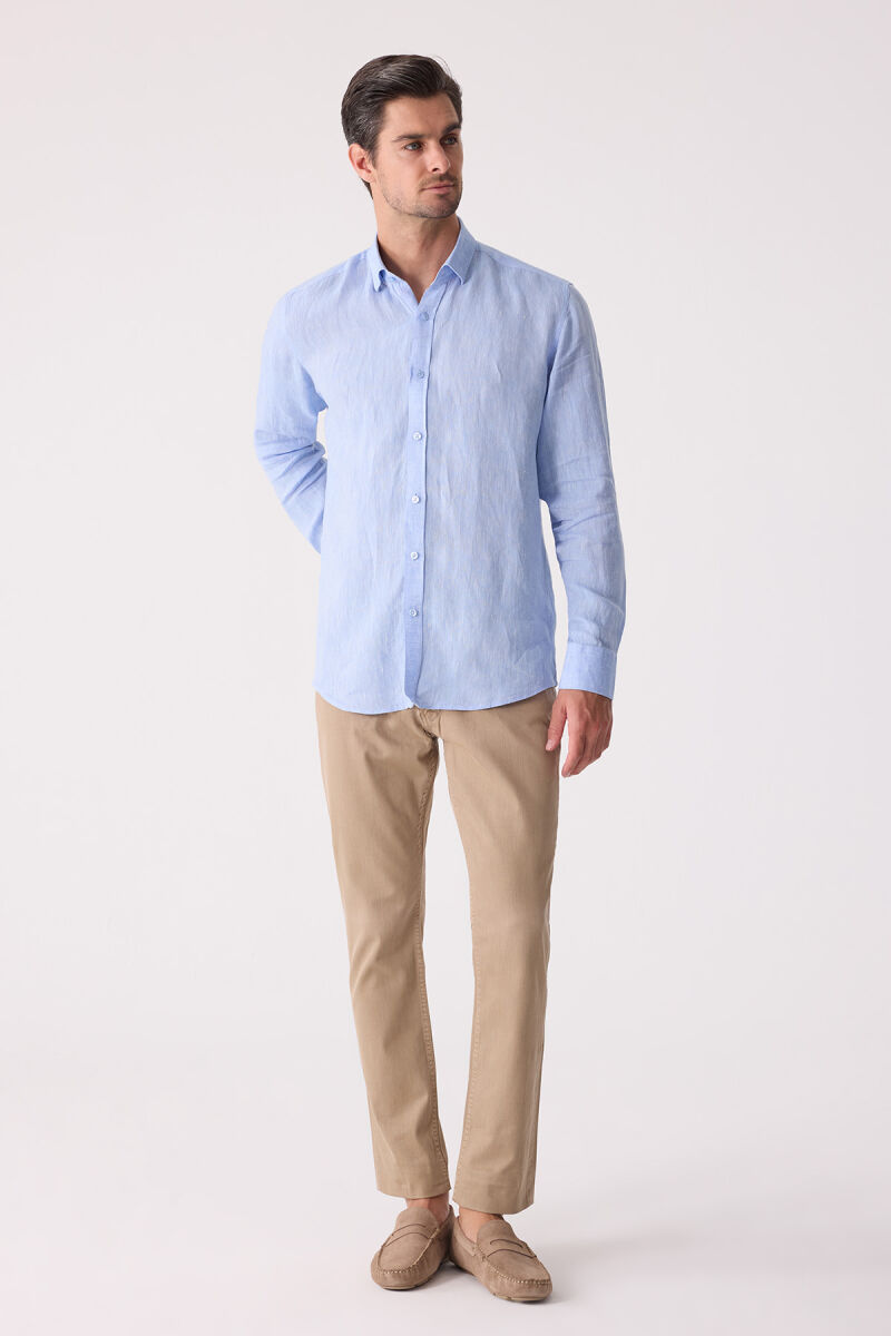 Erkek Mavi Slim Fit Klasik Yaka Keten Gömlek - 4