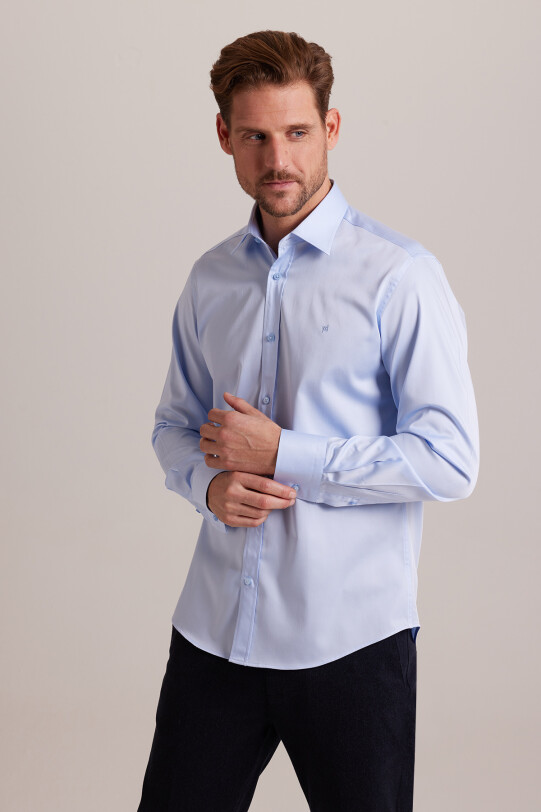 Erkek Mavi Slim Fit Pamuk Saten Gömlek