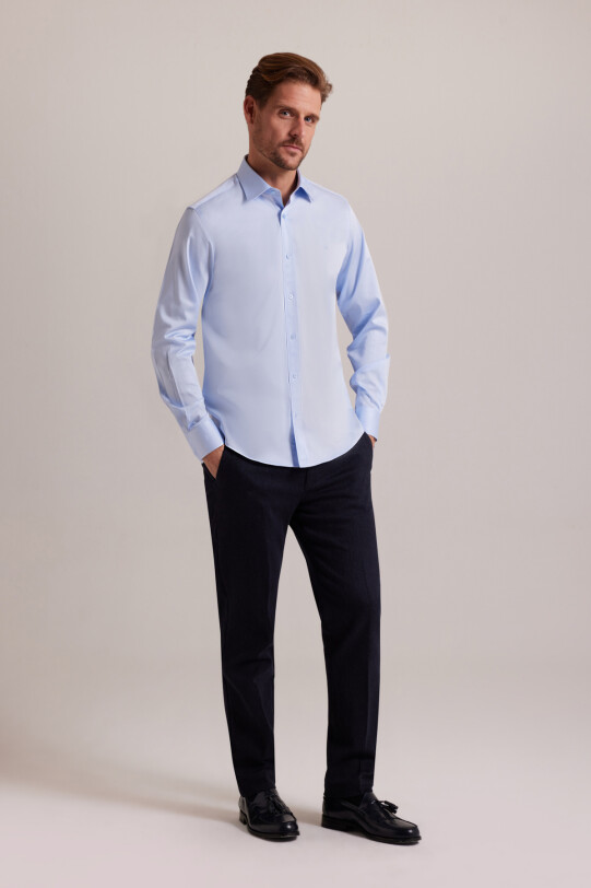 Erkek Mavi Slim Fit Pamuk Saten Gömlek