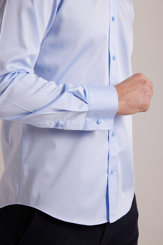 Erkek Mavi Slim Fit Pamuk Saten Gömlek