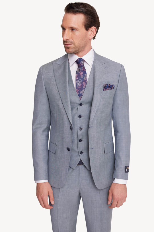 Erkek Mavi Slim Fit Sivri Yaka Yelekli Takım Elbise