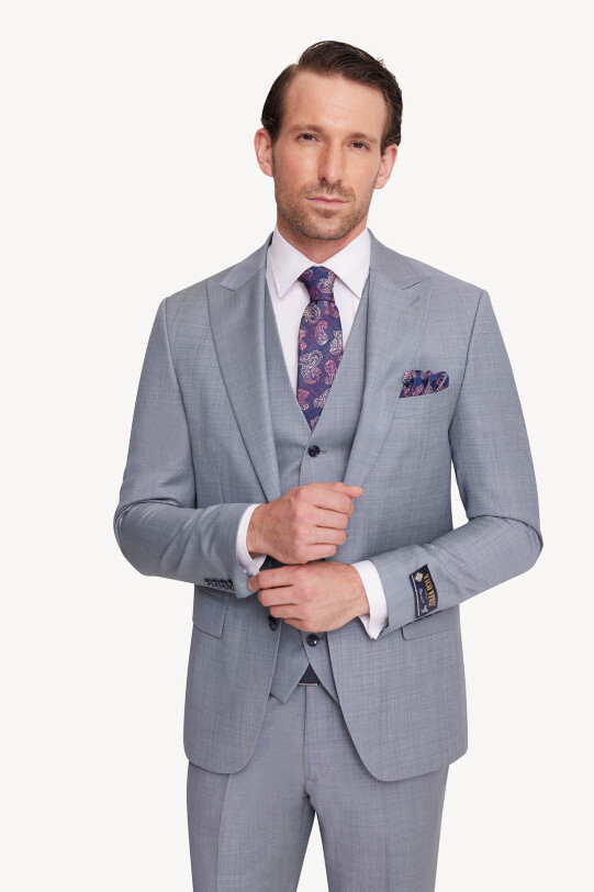 Erkek Mavi Slim Fit Sivri Yaka Yelekli Takım Elbise