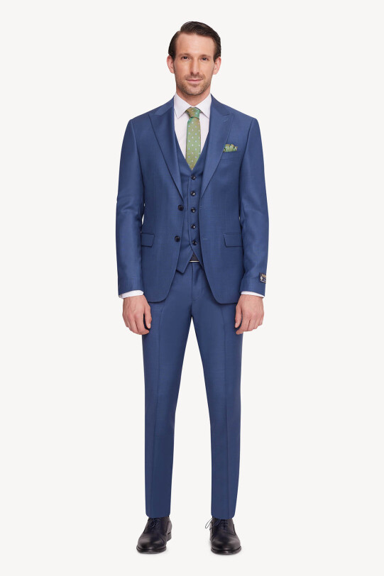Erkek Mavi Slim Fit Sivri Yaka Yelekli Takım Elbise