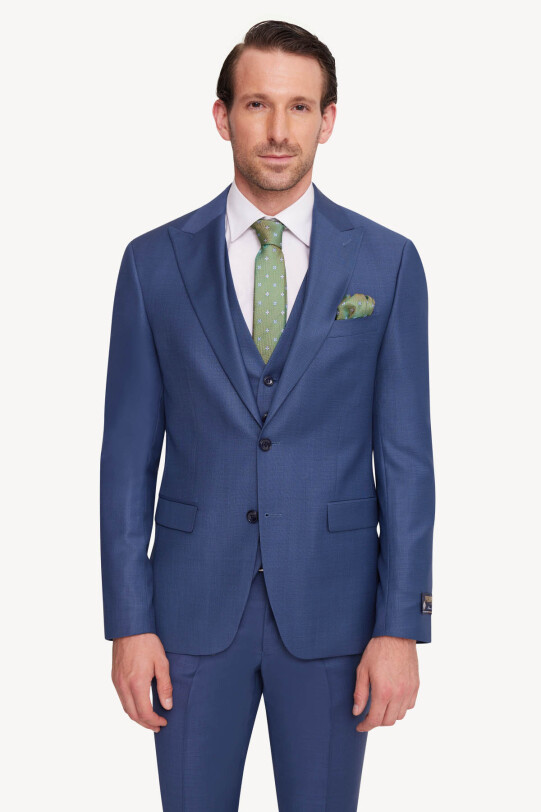 Erkek Mavi Slim Fit Sivri Yaka Yelekli Takım Elbise