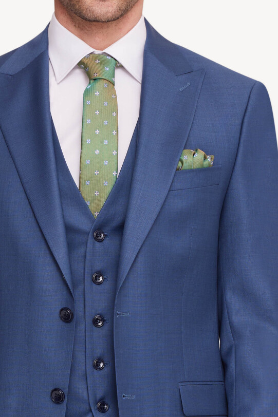 Erkek Mavi Slim Fit Sivri Yaka Yelekli Takım Elbise