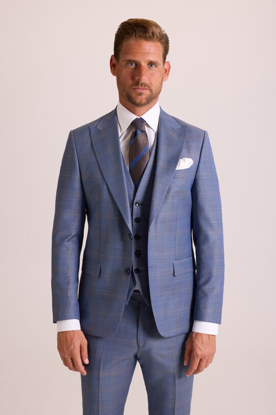 Erkek Mavi Slim Fit Sivri Yaka Yelekli Yün Takım Elbise