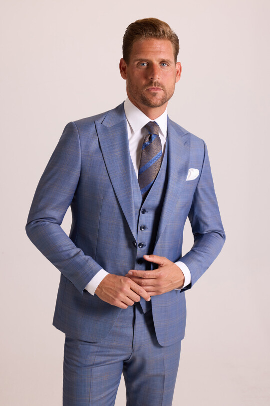 Erkek Mavi Slim Fit Sivri Yaka Yelekli Yün Takım Elbise