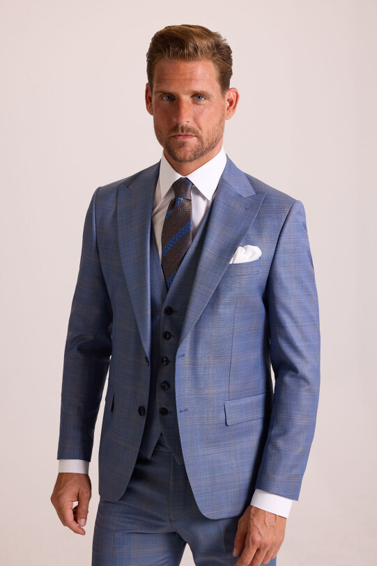 Erkek Mavi Slim Fit Sivri Yaka Yelekli Yün Takım Elbise