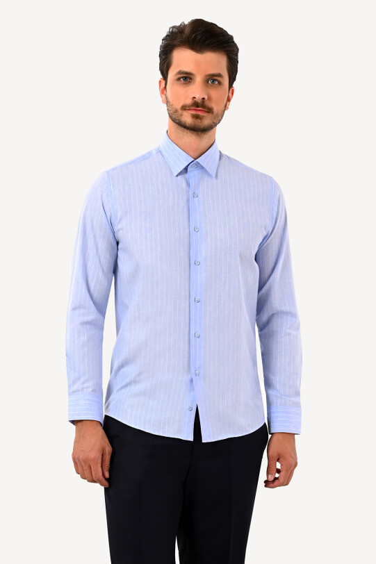 Erkek Mavi Slim Fit Uzun Kol Gömlek