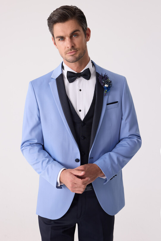 Erkek Mavi Slim Fit Yelekli Damatlık