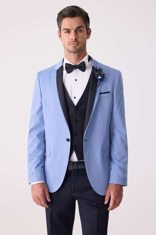 Erkek Mavi Slim Fit Yelekli Damatlık