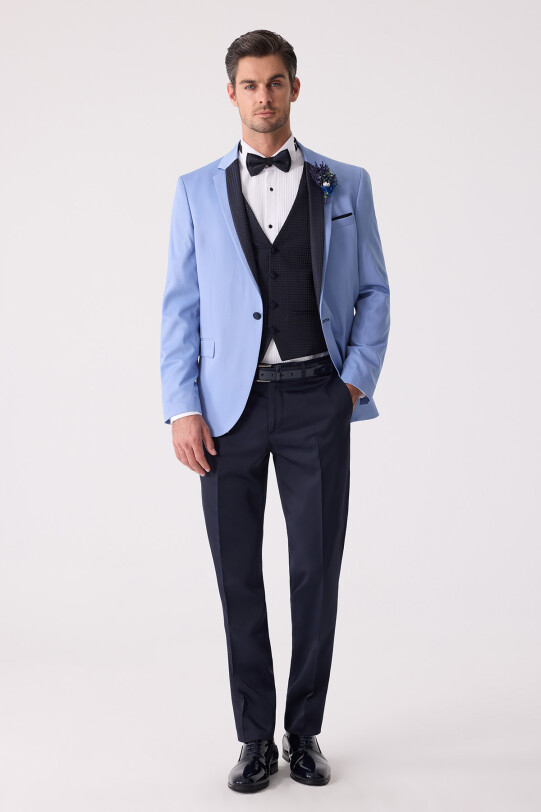 Erkek Mavi Slim Fit Yelekli Damatlık