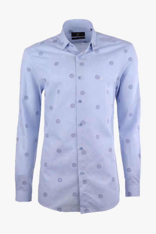 Erkek Mavi Spor Desenli Uzun Kol Gömlek