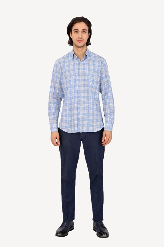 Erkek Mavi Uzun Kol Kareli Gömlek