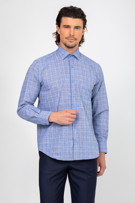 Erkek Mavi Uzun Kol Kareli Regular Fit Gömlek