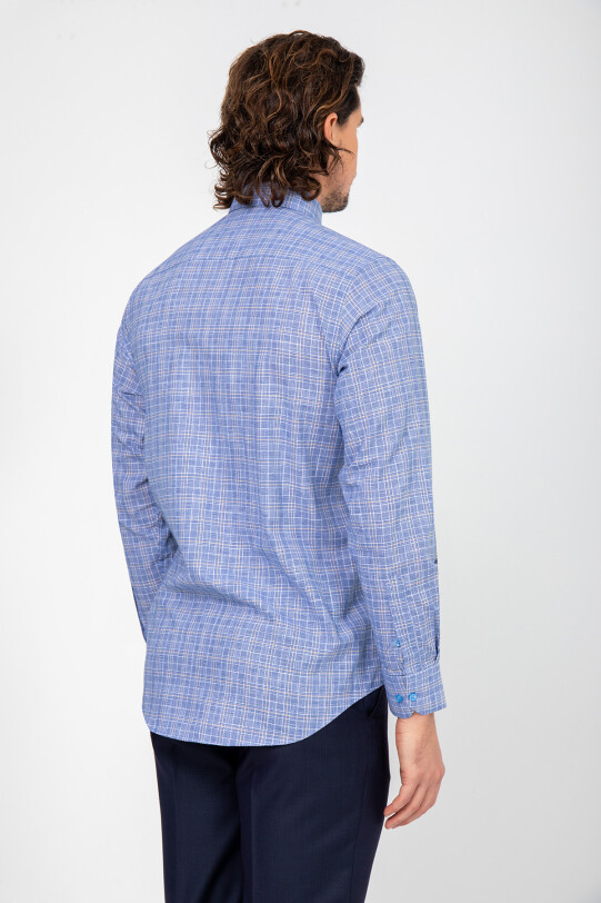 Erkek Mavi Uzun Kol Kareli Regular Fit Gömlek