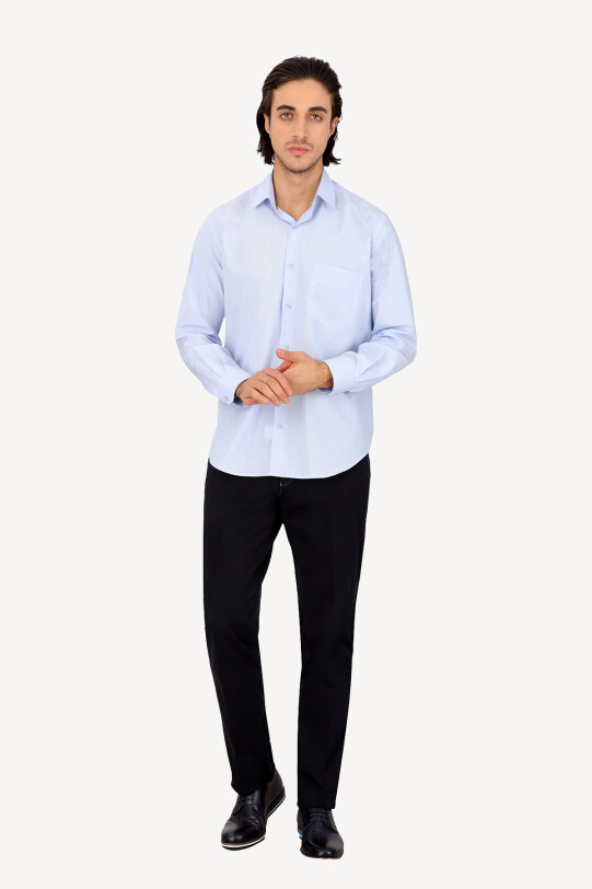 Erkek Mavi Uzun Kol Klasik Desenili Gömlek
