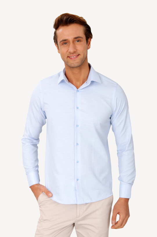 Erkek Mavi Uzun Kol Puantiyeli Slim Fit Gömlek