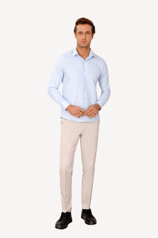 Erkek Mavi Uzun Kol Puantiyeli Slim Fit Gömlek