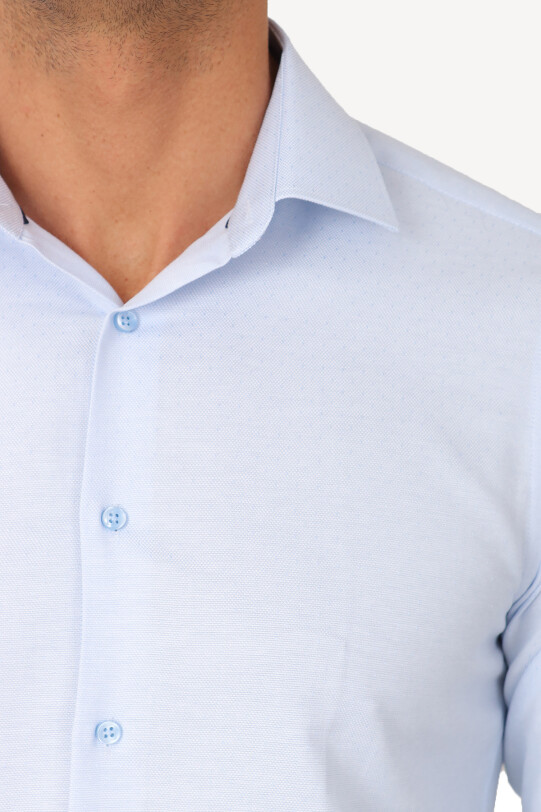 Erkek Mavi Uzun Kol Puantiyeli Slim Fit Gömlek