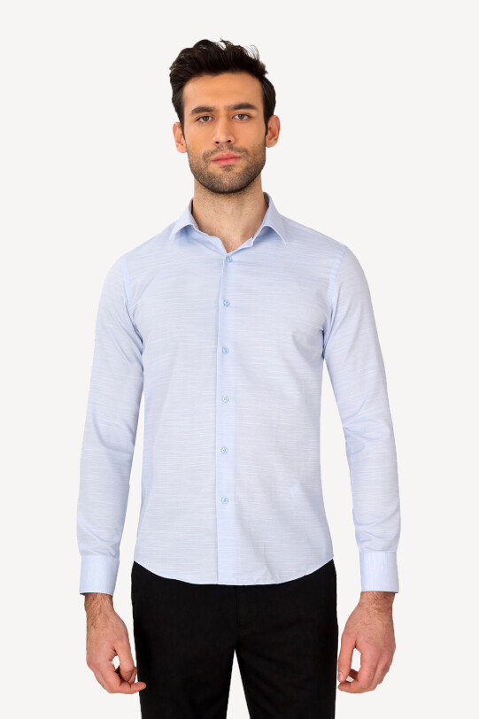 Erkek Mavi Uzun Kol Slim Fit Desenli Gömlek