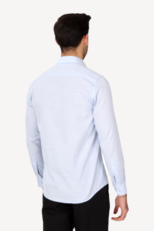 Erkek Mavi Uzun Kol Slim Fit Desenli Gömlek