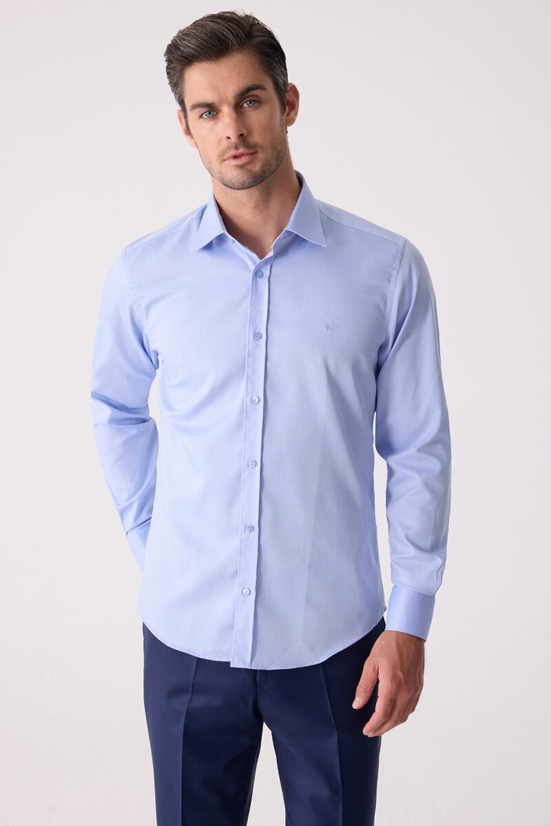 Erkek Mavi Uzun Kol Slim Fit Gömlek - 1
