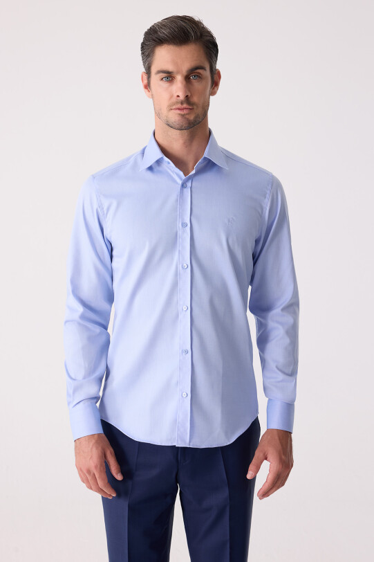 Erkek Mavi Uzun Kol Slim Fit Gömlek