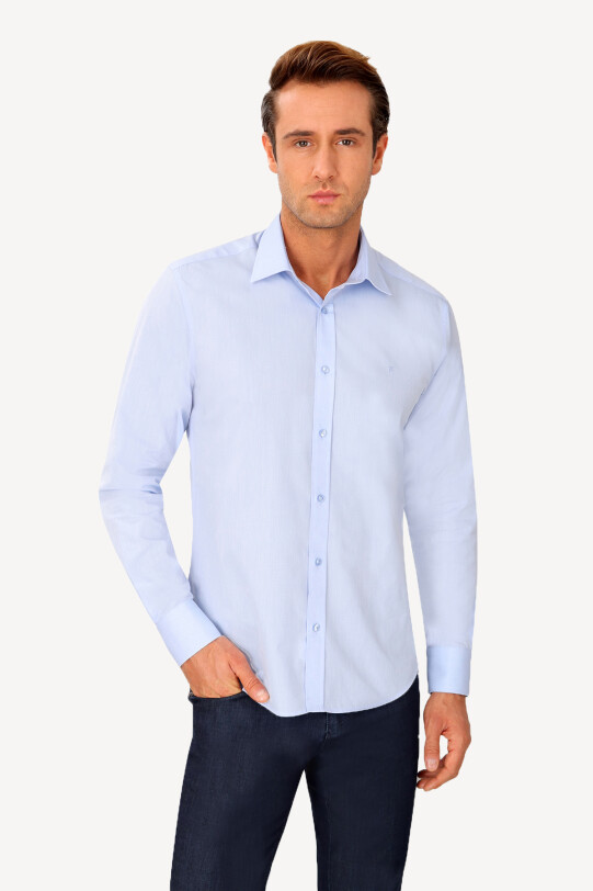 Erkek Mavi Uzun Kol Slim Fit Puantiyeli Gömlek