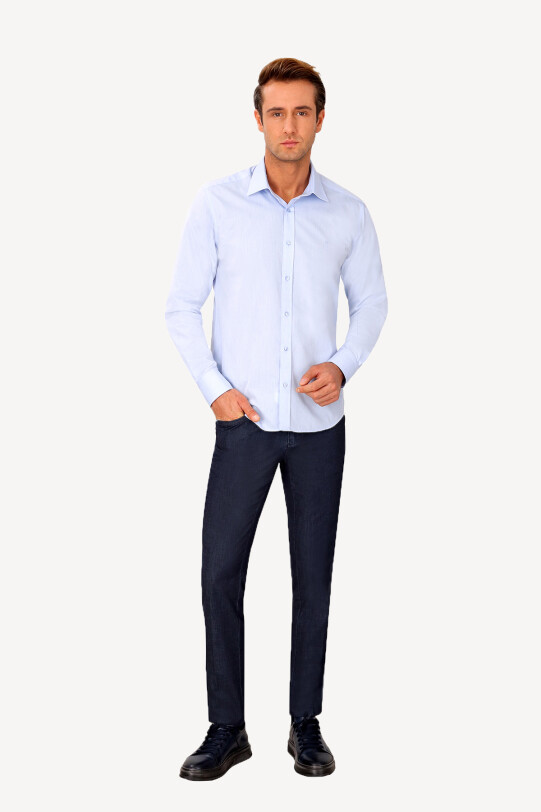 Erkek Mavi Uzun Kol Slim Fit Puantiyeli Gömlek