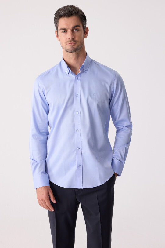Erkek Mavi Uzun Kol Slim Fit Yaka Düğmeli Gömlek