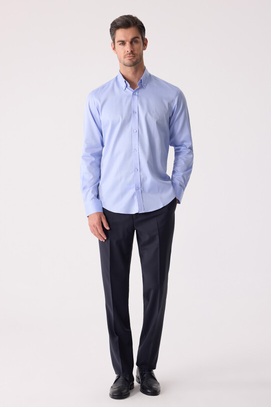 Erkek Mavi Uzun Kol Slim Fit Yaka Düğmeli Gömlek