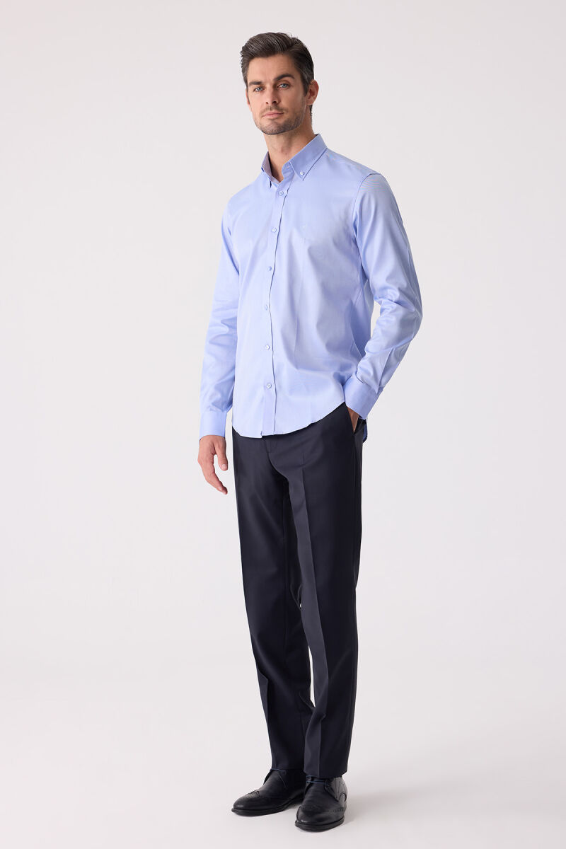Erkek Mavi Uzun Kol Slim Fit Yaka Düğmeli Gömlek - 5