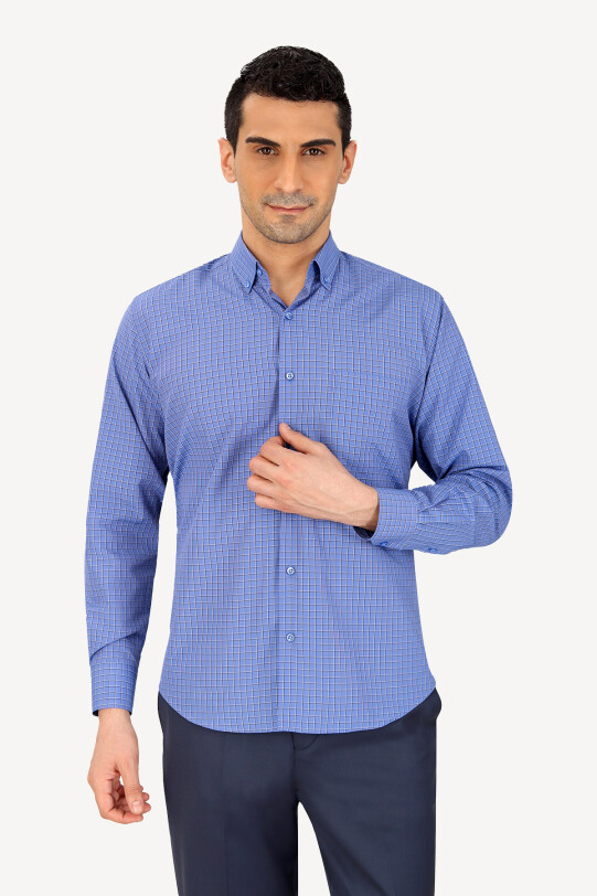 Erkek Mavi Uzun Kol Spor Kareli Gömlek