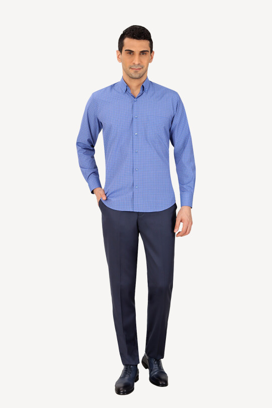 Erkek Mavi Uzun Kol Spor Kareli Gömlek
