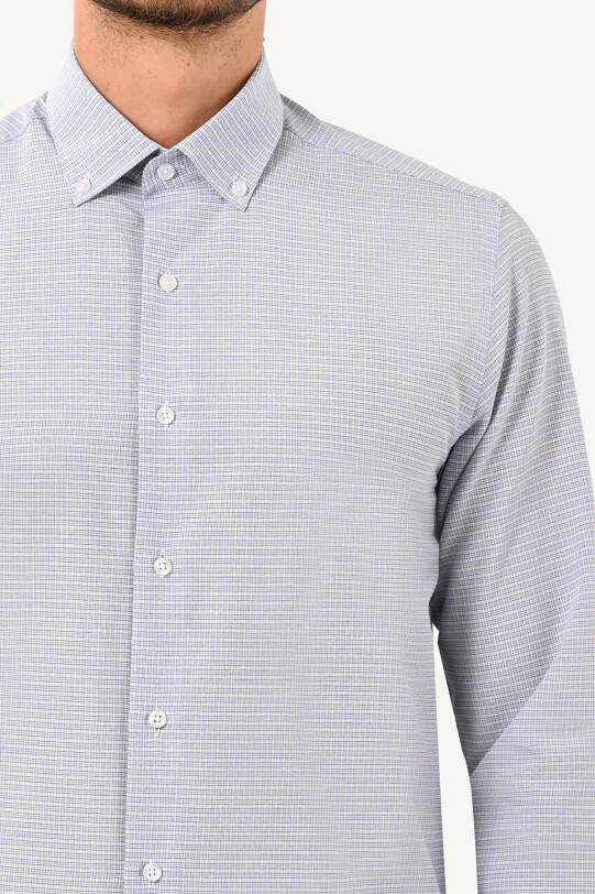 Erkek Mavi Uzun Kol Yaka Düğmeli Slim Fit Gömlek