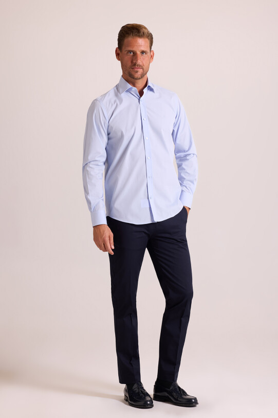 Erkek Mavi Yarım İtalyan Slim Fit Uzun Kol Gömlek
