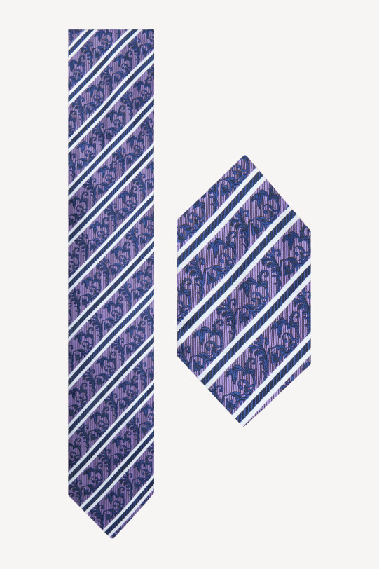 Erkek Mor Çizgili Kravat Mendil Set - YSF