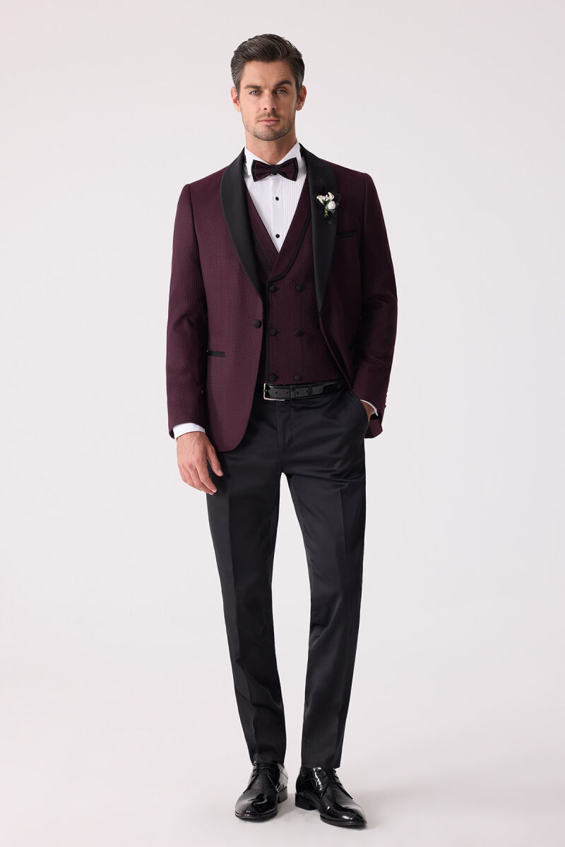 Erkek Mürdüm Çıkma Şal Yaka Slim Fit Damatlık - 2