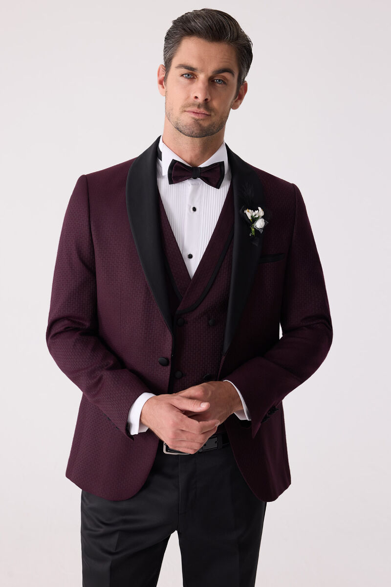 Erkek Mürdüm Çıkma Şal Yaka Slim Fit Damatlık - 4